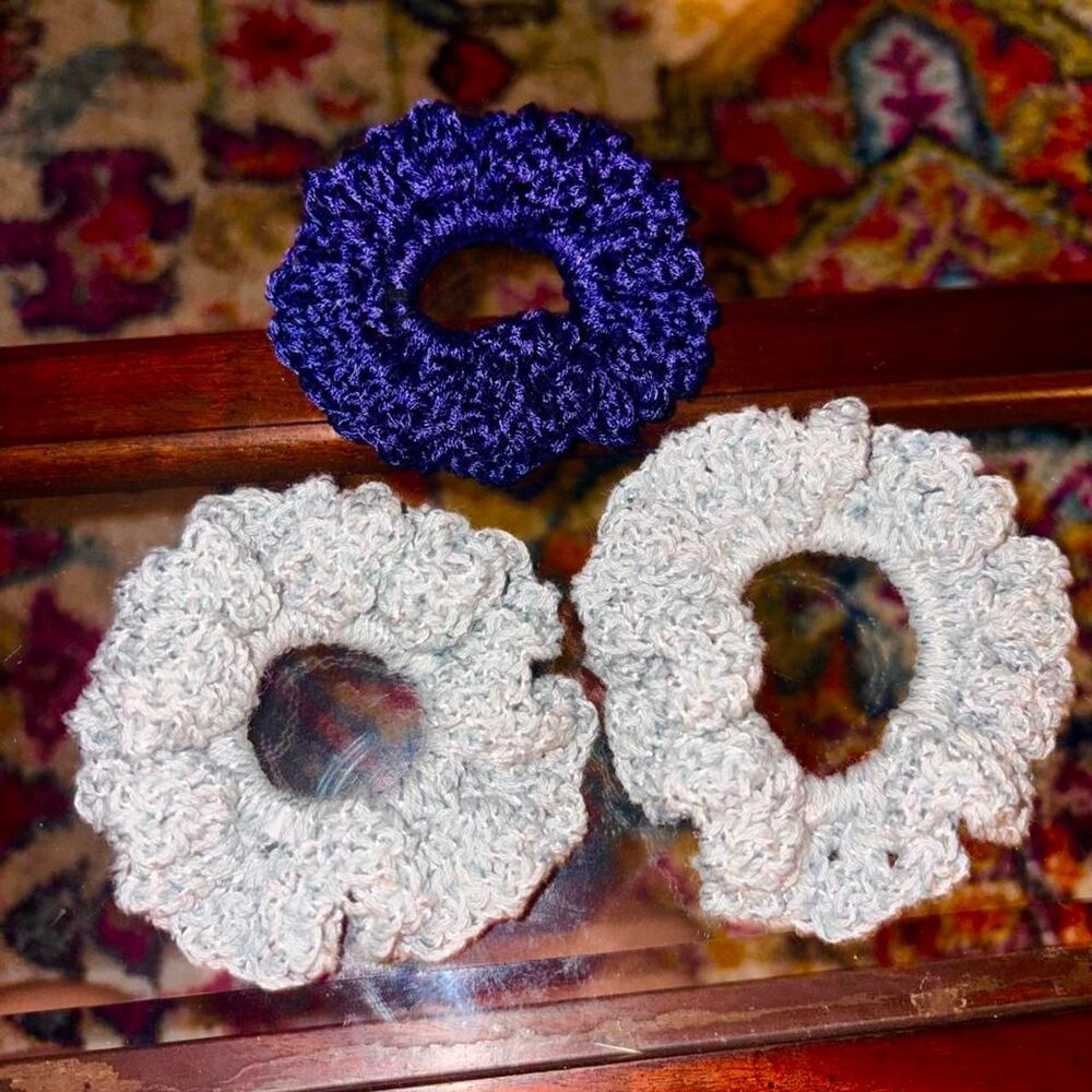 Blue Handmade Crochet Scrunchie Trio